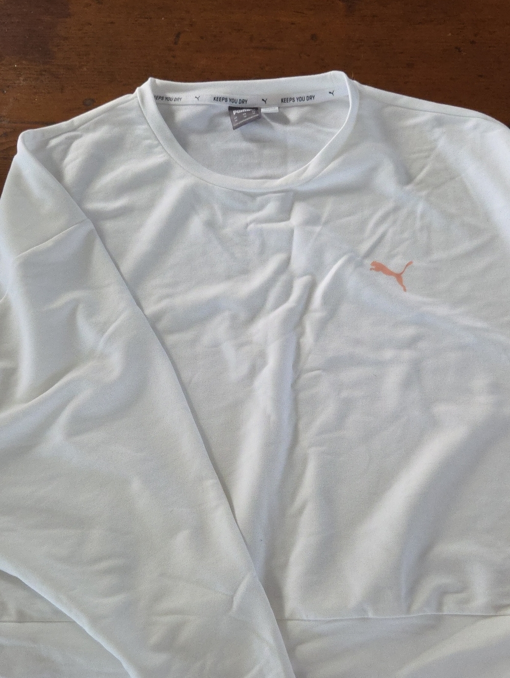 Puma White Long Sleeve Tee with Light Coral Logo And Graphic On The Sleeve US XL
